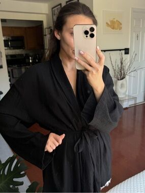 Zara Black Cotton Tie-Belt Robe - Women Intimates & Sleepwear